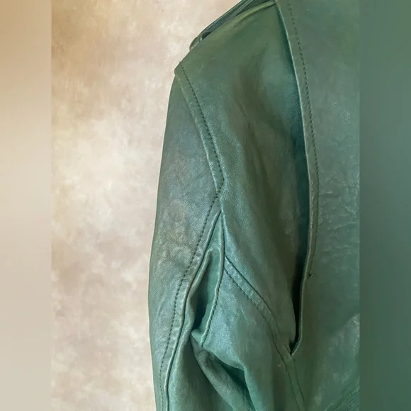 Diesel Distressed Dark Green Leather Premise Beaded Moto Jacket - Picture 12 of 14